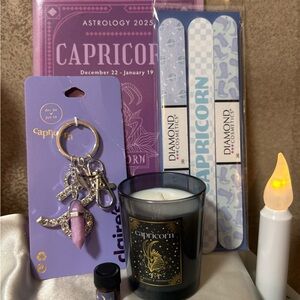 Capricorn Zodiac Gift Set – Candle, Book, Keychain & Amber Aura Oil